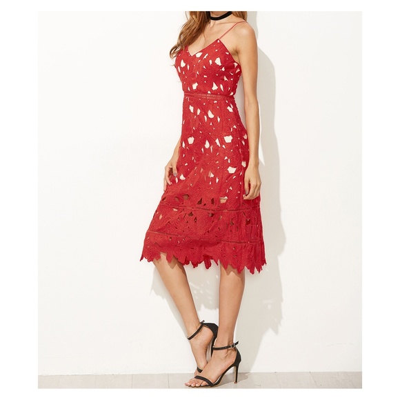 Red Crochet Lace Spaghetti Straps A-Line Dress - Picture 5 of 8